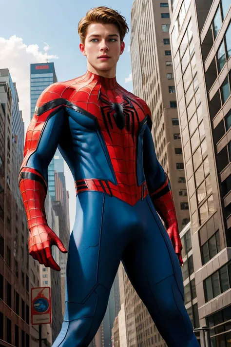 masterpiece, best quality, spider-man costume, nomask, 1boy, blonde hair, blue eyes, standing, new york background <lora:Spider-Man Costume_v1:1>