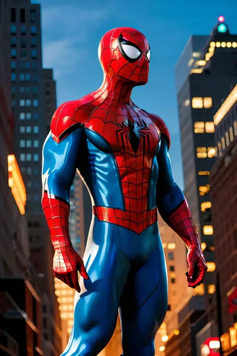 masterpiece, best quality, spider-man costume, mask, 1boy, standing, new york background <lora:Spider-Man Costume_v1:1>
