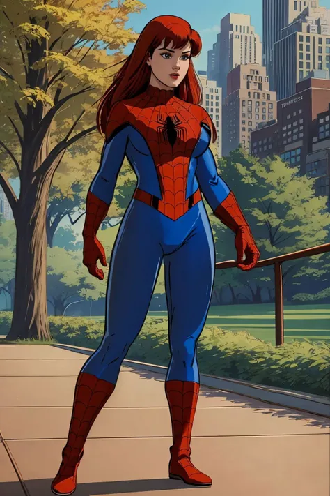 masterpiece, best quality, spider-man costume, nomask, mary jane watson <lora:Mary Jane Watson_v1:0.8>, standing, central park <lora:Spider-Man Costume_v1:1>