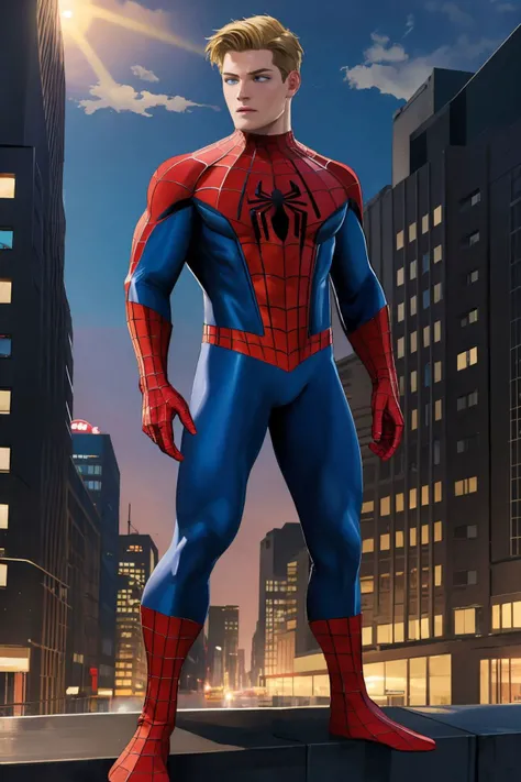 masterpiece, best quality, spider-man costume, nomask, 1boy, blonde hair, blue eyes, standing, new york background <lora:Spider-Man Costume_v1:1>