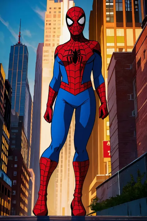 masterpiece, best quality, spider-man costume, mask, 1girl, standing, new york background <lora:Spider-Man Costume_v1:1>