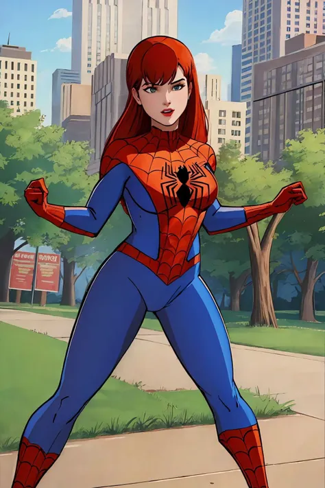 masterpiece, best quality, spider-man costume, nomask, mary jane watson <lora:Mary Jane Watson_v1:0.8>, standing, central park <lora:Spider-Man Costume_v1:1>