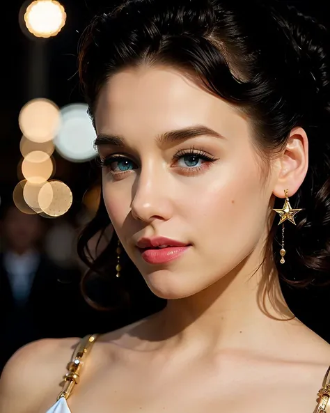 Chz-JadeT, 8k, RAW photo of 1girl as a star of Old Hollywood, close-up, face focus, vintage designer dress, eye-catching jewelry, expertly applied cosmetics, elegant updo, on the red carpet, 1940s glamor, outside, evening, posing for the press, the golden age of film, artistic composition, volumetric lighting, (meticulously-detailed, Ultra-HD-realistic:1.3), (perfect eyes, masterpiece, best quality:1.5),