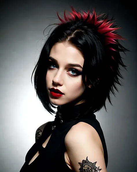 Chz-JadeT, 8k, Wanna be creepy and sad with me?, close-up RAW photo of 1girl as a goth ???, (wearing heavy emo makeup:1.3), blood-red-lips, midnight-black-eyeliner, (flirtatious smile), punk-rock-haircut, goth girlz rule, emo 4 life, simple background, (meticulously-detailed, Ultra-HD-realistic:1.3), (perfect eyes, masterpiece, best quality:1.5),