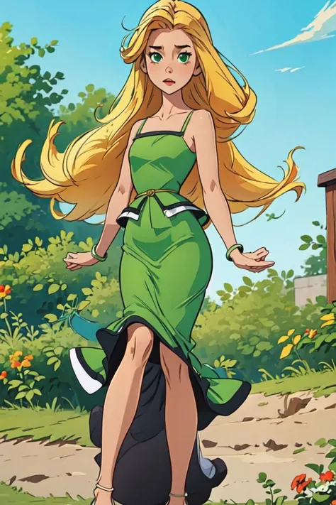 ((best quality)), ((masterpiece)), (detailed),(high-resolution:1.2), adult woman,
1 girl, Coriza, very long blond hair, green dress,