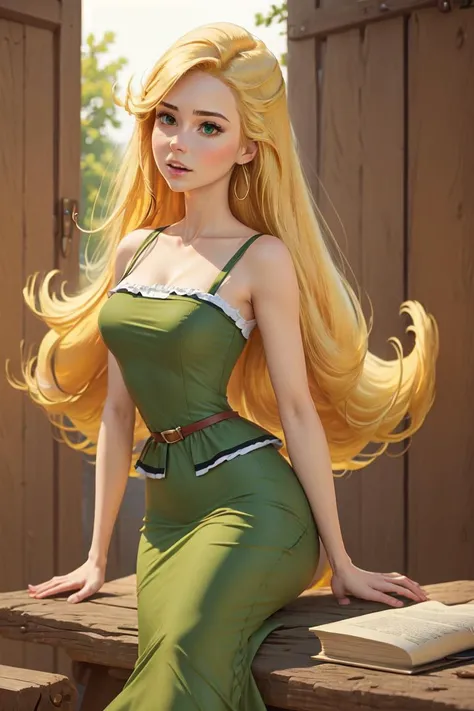 ((best quality)), ((masterpiece)), (detailed),(high-resolution:1.2), adult woman
1 girl, Coriza, very long blond hair, green dress