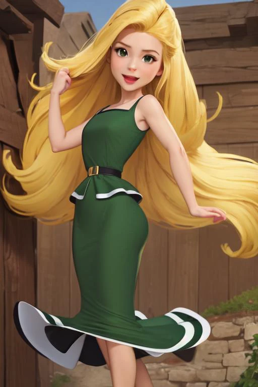 ((best quality)), ((masterpiece)), (detailed),(high-resolution:1.2), adult woman
1 girl, Coriza, very long blond hair, green dress