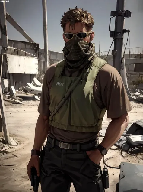 chvkj, solo, shirt, 1boy, male focus, outdoors, sky, day, mask, sunglasses, ground vehicle, <lora:chvkj-15:0.5>
with a bulletproof vest, there is a dark green helmet, a gas mask, there are tactical headphones, he holds a submachine gun in his hands, stands in a fortress, (black trousers), (cinematic look:1.4), soothing tones, insane details, intricate details, hyperdetailed, low contrast, soft cinematic light, dim colors, exposure blend, hdr, faded, slate gray atmosphere, lightroom, natural, perfect, [oliver wetter|(kodak portra:0.08)|(leibovitz:0.6)], raw, intricate, high quality, mamiya, exposure blend