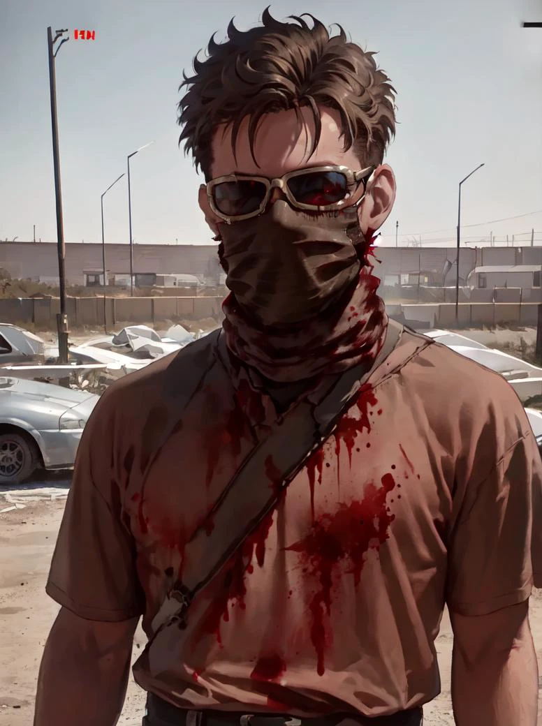 chvkj, solo, shirt, 1boy, male focus, outdoors, sky, day, mask, sunglasses, ground vehicle, <lora:chvkj-15:0.5>
blood, (cinematic look:1.4), soothing tones, insane details, intricate details, hyperdetailed, low contrast, soft cinematic light, dim colors, exposure blend, hdr, faded, slate gray atmosphere