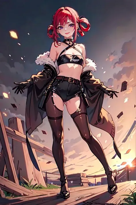 <lora:CrotchlessPantsV1A10:1> crotchless pants, crotchless pantyhose, panties,, ultra detailed, masterpiece, best quality, aesthetic, detailed,, solo, seductive smile, red lips,
1girl, purple eyes, red hair, blunt bangs, medium breasts, <lora:hair_rings:1> low hair rings, <lora:EllaNyan:1>,, taut clothes, choker, bandeau, elbow gloves, taut shorts, lowleg shorts, navel, groin tendon, belt, patterned legwear, pantyhose, (pantyhose under shorts:1.2), high heel boots,