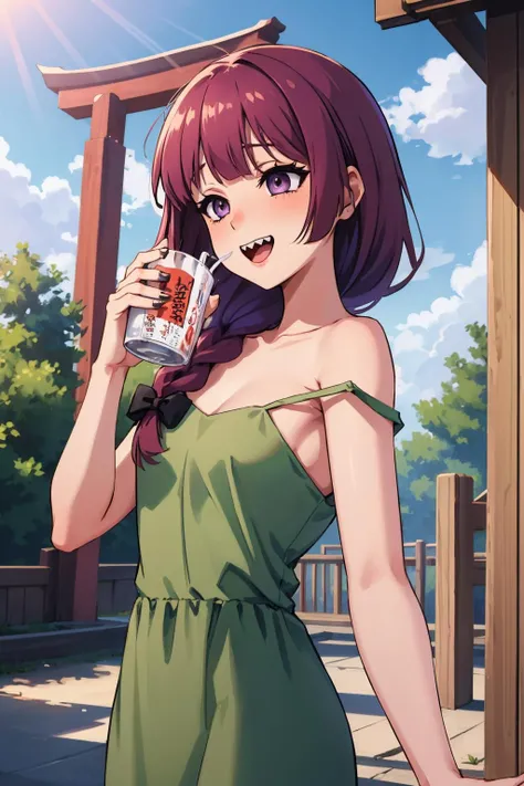 <lora:bocchi_hiroi-10:1> hiroi kikuri, sharp teeth, blunt bangs, braid, hair over shoulder, hair bow, green dress, strap slip, purple hair, purple eyes
masterpiece, best quality, absurdres, drinking alcohol, happy, drunk, shrine, daytime, outdoors
