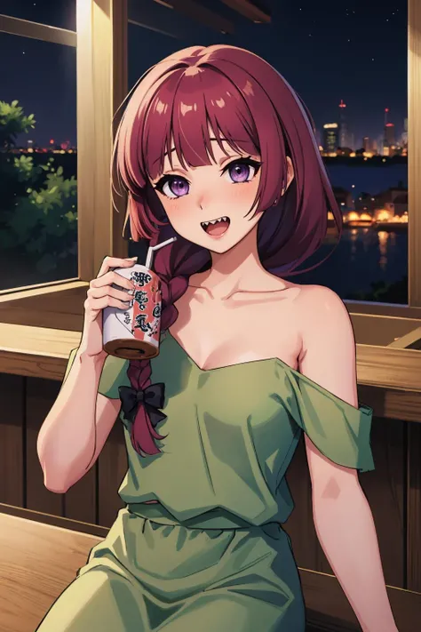 <lora:bocchi_hiroi-10:1> hiroi kikuri, sharp teeth, blunt bangs, braid, hair over shoulder, hair bow, green dress, strap slip, purple hair, purple eyes
masterpiece, best quality, absurdres, bar, night, drinking sake, happy, drunk