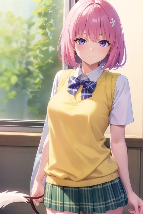 momodevilluke, <lora:momodeviluke-lora-nochekaiser:1>,
momo deviluke, demon tail, hair flower, hair ornament, (purple eyes:1.1), pink hair, short hair, tail, <lora:sensualface_type4:0.8>, smile,
BREAK demon tail, green skirt, plaid, plaid skirt, sainan high school uniform, school uniform, skirt, sweater vest, thighhighs, (yellow sweater:1.5), short sleeves, bow, green bow,
BREAK indoors, classroom,
BREAK looking at viewer, (cowboy shot:1.5),
BREAK <lyco:GoodHands-beta2:1>, (masterpiece:1.2), best quality, high resolution, unity 8k wallpaper, (illustration:0.8), (beautiful detailed eyes:1.6), extremely detailed face, perfect lighting, extremely detailed CG, (perfect hands, perfect anatomy),