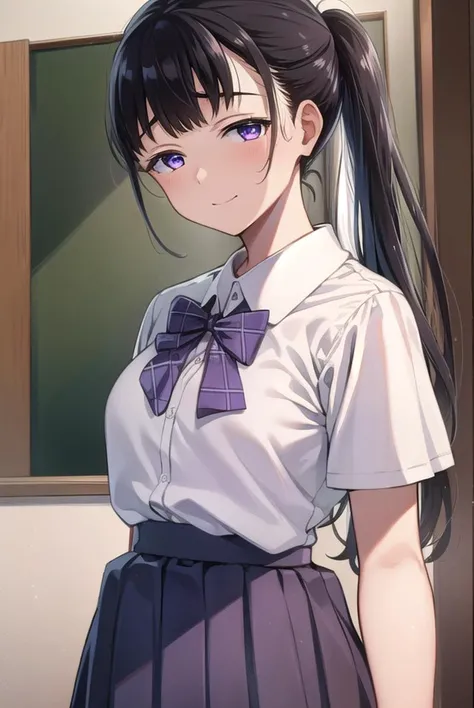 yuitachibana, <lyco:yuitachibana-lyco-nochekaiser:1>,
yui tachibana, long hair, bangs, ponytail, black hair, (purple eyes:1.1), <lora:sensualface_type4:0.8>, smile,
BREAK skirt, bow, school uniform, pleated skirt, shirt, white shirt, collared shirt, short sleeves, green bow,
BREAK indoors, classroom,
BREAK looking at viewer, (cowboy shot:1.5),
BREAK <lyco:GoodHands-beta2:1>, (masterpiece:1.2), best quality, high resolution, unity 8k wallpaper, (illustration:0.8), (beautiful detailed eyes:1.6), extremely detailed face, perfect lighting, extremely detailed CG, (perfect hands, perfect anatomy),