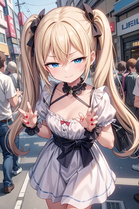 <lora:sensualface_type4_v3:1>
insanely detailed, absurdres, ultra-highres, ultra-detailed, best quality
1girl, solo, nice hands, perfect hands
BREAK
white dress, (wearing harajuku-style coordinate)
BREAK
evil seductive smile, closed mouth
BREAK
cute pose, cowboy shot
BREAK
slender, kawaii, perfect symmetrical face, ultra cute girl, ultra cute face, ultra detailed eyes, ultra detailed hair, ultra cute, ultra beautiful
BREAK
in harajuku, shibuya, tokyo, street, crowd, cityscape
BREAK
(blonde hair, blue eyes), twintails, hair between eyes