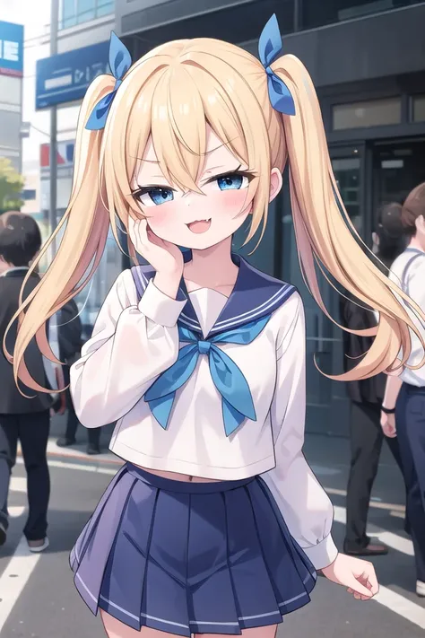 <lora:sensualface_type4_v3:1>
insanely detailed, absurdres, ultra-highres, ultra-detailed, best quality,
1girl, solo, nice hands, perfect hands,
BREAK
(wearing sailor school uniform, dark blue pleated skirt, white shirt),
(evil smile, ;3, smug, open mouth:1.3), fangs
BREAK
standing, hand on own face, 45 angle,
from below, cowboy shot, looking at viewer, tilt head
BREAK
slender, kawaii, perfect symmetrical face, ultra cute girl, ultra cute face, ultra detailed eyes, ultra detailed hair, ultra cute, ultra beautiful
BREAK
in harajuku, shibuya, tokyo, street, crowd, cityscape,
small breasts
BREAK
(gold blonde) hair, (short:1.3) twintails, blue eyes, blue hair ribbon, hair between eyes