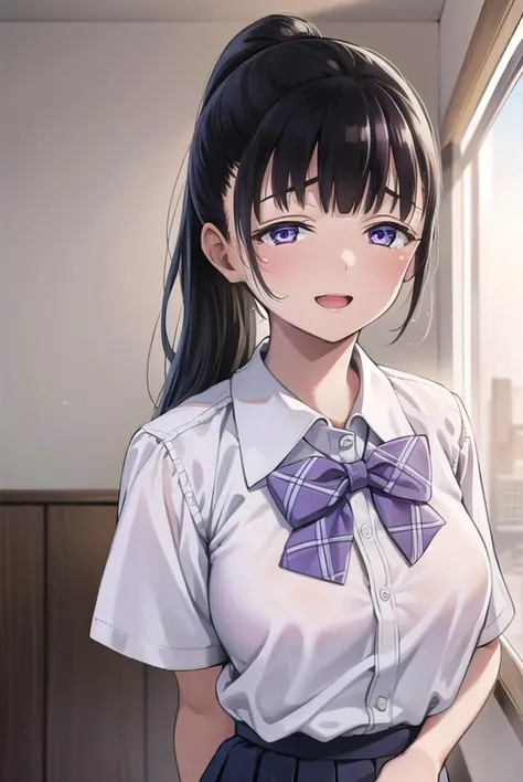 yuitachibana, <lyco:yuitachibana-lyco-nochekaiser:1>,
yui tachibana, long hair, bangs, ponytail, black hair, (purple eyes:1.1), <lora:sensualface_type4:0.8>, open mouth, smile,
BREAK skirt, bow, school uniform, pleated skirt, shirt, white shirt, collared shirt, short sleeves, green bow,
BREAK indoors, classroom,
BREAK looking at viewer, (cowboy shot:1.5),
BREAK <lyco:GoodHands-beta2:1>, (masterpiece:1.2), best quality, high resolution, unity 8k wallpaper, (illustration:0.8), (beautiful detailed eyes:1.6), extremely detailed face, perfect lighting, extremely detailed CG, (perfect hands, perfect anatomy),