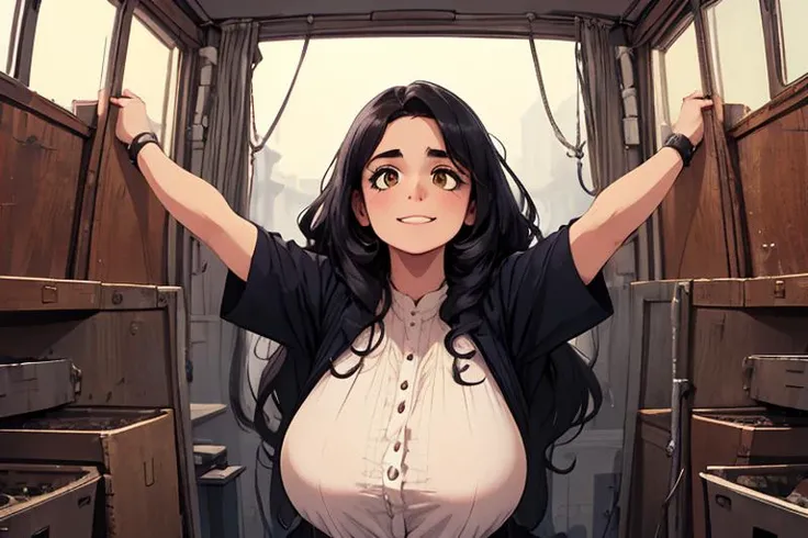 (masterpiece:1.4), high quality, high definition, sharp focus, detailed face, anime, best quality, 4k, 8k, absurd resolution, intricate detail, detailed eyes, animation, illustration, highly detailed, highres, extremely detailed, <lora:ETO_OCC002:0.7> ETO_OCC, black hair, curly hair, longhair, thick eyebrows, long hair, <lora:hyperdenoiser_v090:0.6>, (looking at viewer:1.4), (plump:1.2), (hazel eyes:1.3), lora:perfetfingers:1>, OverallDetail, Illust-InstaFilter, hotify, edgQuality, Earth-QualityPos, BodyPositive, Best_QualityPos, <lora:AppleCheek:0.7> applecheek, 1girl, large breasts, indoors, (perfect arms), (detailed hands) <lora:sensualface_type4:0.6>, gasping, ecstasy, seductive smile, <lora:hinaMaybeBetterPose_v2:0.8>, (random pose, posing to viewer), Parting legs slightly, arms outstretched