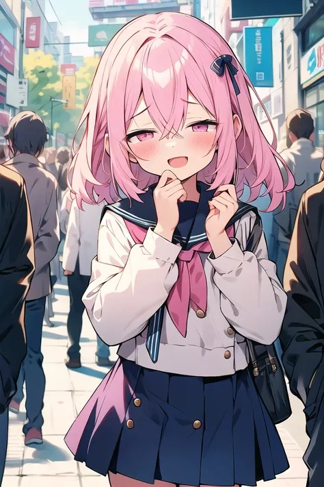 <lora:sensualface_type4_v3:1>
(cleavage:-1.5),insanely detailed, absurdres, ultra-highres, ultra-detailed, best quality,
1girl, solo, nice hands, perfect hands,
BREAK,
(wearing winter school uniform),
happy smile, laugh, open mouth,
cute pose, cowboy shot,
BREAK,
slender, kawaii, perfect symmetrical face, ultra cute girl, ultra cute face, ultra detailed eyes, ultra detailed hair, ultra cute, ultra beautiful,
BREAK,
in harajuku, shibuya, tokyo, street, crowd, cityscape,
medium large breasts
BREAK,
(pink medium hair, pink eyes), hair between eyes