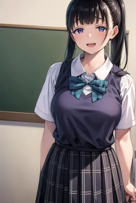 yuitachibana, <lyco:yuitachibana-lyco-nochekaiser:1>,
yui tachibana, long hair, bangs, ponytail, black hair, (purple eyes:1.1), <lora:sensualface_type4:0.8>, open mouth, smile,
BREAK skirt, bow, school uniform, pleated skirt, shirt, white shirt, collared shirt, short sleeves, green bow,
BREAK indoors, classroom,
BREAK looking at viewer, (cowboy shot:1.5),
BREAK <lyco:GoodHands-beta2:1>, (masterpiece:1.2), best quality, high resolution, unity 8k wallpaper, (illustration:0.8), (beautiful detailed eyes:1.6), extremely detailed face, perfect lighting, extremely detailed CG, (perfect hands, perfect anatomy),