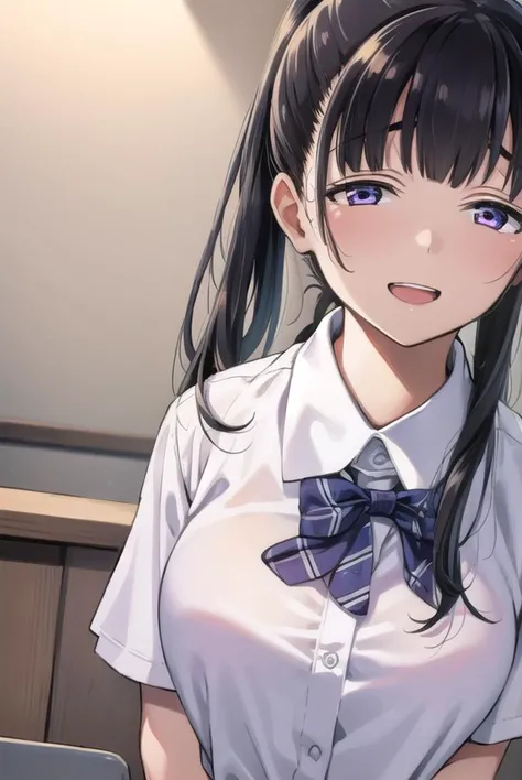 yuitachibana, <lyco:yuitachibana-lyco-nochekaiser:1>,
yui tachibana, long hair, bangs, ponytail, black hair, (purple eyes:1.1), <lora:sensualface_type4:0.8>, open mouth, smile,
BREAK skirt, bow, school uniform, pleated skirt, shirt, white shirt, collared shirt, short sleeves, green bow,
BREAK indoors, classroom,
BREAK looking at viewer, (cowboy shot:1.5),
BREAK <lyco:GoodHands-beta2:1>, (masterpiece:1.2), best quality, high resolution, unity 8k wallpaper, (illustration:0.8), (beautiful detailed eyes:1.6), extremely detailed face, perfect lighting, extremely detailed CG, (perfect hands, perfect anatomy),