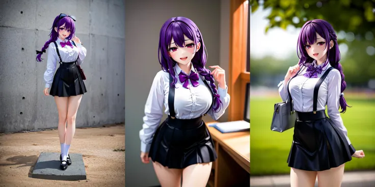 highly insanely detailed, masterpiece, top quality, best quality, highres, 4k, 8k, RAW photo, <lora:sensualface_type4_v3:1>,
1girl, solo,
BREAK
braid, shirt, holding, mary janes, socks, black skirt, long hair, white shirt, suspender skirt, white socks, long sleeves, ribbon, suspenders, standing, ruffles, black ribbon, bow, black bow tie, long skirt, black bow, neck ribbon, bowtie, bag,
BREAK
(nsfw:-1.5),
BREAK
happy smile, laugh, open mouth,
BREAK
standing, cowboy shot, looking at viewer,
BREAK
in school ground,
BREAK
large breasts,
BREAK
(purple hair:1.3), red eyes, milkmaid braids, hair between eyes