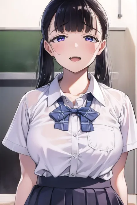 yuitachibana, <lyco:yuitachibana-lyco-nochekaiser:1>,
yui tachibana, long hair, bangs, ponytail, black hair, (purple eyes:1.1), <lora:sensualface_type4:0.8>, open mouth, smile,
BREAK skirt, bow, school uniform, pleated skirt, shirt, white shirt, collared shirt, short sleeves, green bow,
BREAK indoors, classroom,
BREAK looking at viewer, (cowboy shot:1.5),
BREAK <lyco:GoodHands-beta2:1>, (masterpiece:1.2), best quality, high resolution, unity 8k wallpaper, (illustration:0.8), (beautiful detailed eyes:1.6), extremely detailed face, perfect lighting, extremely detailed CG, (perfect hands, perfect anatomy),