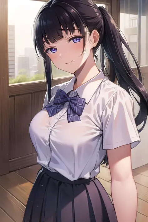 yuitachibana, <lyco:yuitachibana-lyco-nochekaiser:1>,
yui tachibana, long hair, bangs, ponytail, black hair, (purple eyes:1.1), <lora:sensualface_type4:0.8>, smile,
BREAK skirt, bow, school uniform, pleated skirt, shirt, white shirt, collared shirt, short sleeves, green bow,
BREAK indoors, classroom,
BREAK looking at viewer, (cowboy shot:1.5),
BREAK <lyco:GoodHands-beta2:1>, (masterpiece:1.2), best quality, high resolution, unity 8k wallpaper, (illustration:0.8), (beautiful detailed eyes:1.6), extremely detailed face, perfect lighting, extremely detailed CG, (perfect hands, perfect anatomy),