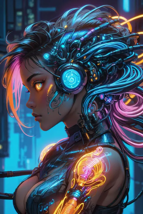 profile of a cyberpunk city girl, swirling ink forming holograms, in the style of aaron horkey, neon lights, Neon Orange, Neon Blue, Neon Pink, (cables, implants, cyberware:1.3), <lora:CyberPunkAIp:0.8> cyberpukai <lora:EnvyInkSwirlXL01:1>, (masterpiece:1.2), best quality, (hyperdetailed, highest detailed:1.2), high resolution textures, <lora:EnvyBetterHiresFixXL01:1>