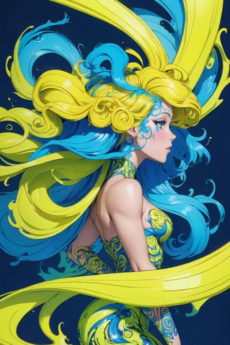 woman in the style of aaron horkey, neon_yellow_hair, neon_blue_background <lora:EnvyInkSwirlXL01:1> swirling ink, (masterpiece:1.2), best quality, colorful, (intricate details, hyperdetailed, highest detailed:1.2), high resolution textures, <lora:EnvyBetterHiresFixXL01:1>