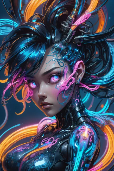 potrait of a cyberpunk city girl,( swirling ink forming holograms:1.2), in the style of aaron horkey, neon lights, Neon Orange, Neon Blue, Neon Pink, (cables, implants, cyberware:1.3), <lora:CyberPunkAIp:1> cyberpukai <lora:EnvyInkSwirlXL01:1.2>, (masterpiece:1.2), best quality, (hyperdetailed, highest detailed:1.2), high resolution textures, <lora:EnvyBetterHiresFixXL01:1>