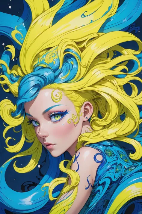 woman in the style of aaron horkey, neon_yellow_hair, neon_blue_background <lora:EnvyInkSwirlXL01:1> swirling ink, (masterpiece:1.2), best quality, colorful, (intricate details, hyperdetailed, highest detailed:1.2), high resolution textures, <lora:EnvyBetterHiresFixXL01:1>
