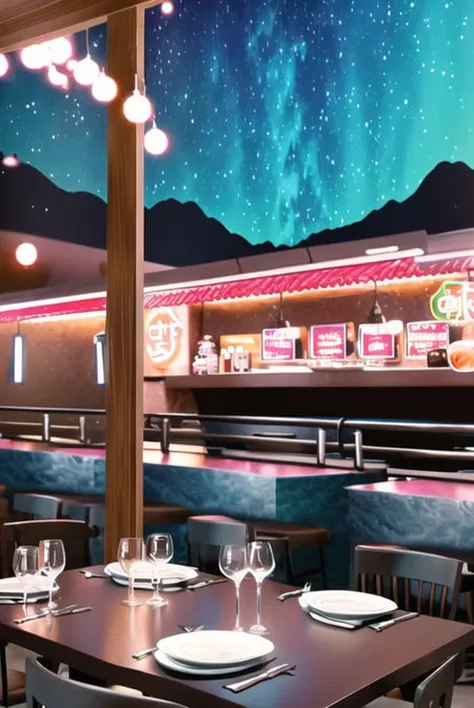 cinema shot, photorealistic, photography, analog style, best quality, a 3d render, korean bistro, waitress, korean girl, (sharp), neon lights, masterpiece,