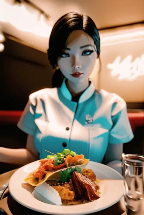 cinema shot, photorealistic, photography, analog style, best quality, a 3d render, korean bistro, waitress, korean girl, (sharp), neon lights, masterpiece, kimchi
