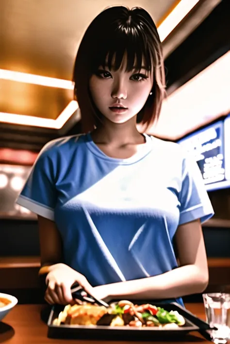cinema shot, photorealistic, photography, analog style, best quality, a 3d render, korean bistro, waitress, korean girl, (sharp), neon lights, masterpiece,