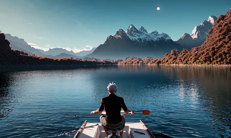 analog style, a 3d render of  a old man fishing on a boat in a lake where  waterface like a mirror.(ultra detailed),sharp focus,intricate, high moutains  in background,with a  moon in the cloud sky ,diffuse lighting,  realistic, elegant, perfect wide view,long carema, realistic,8k, CG  render . futuristic environment. cinematic, art by artgerm and greg rutkowski and alphonse mucha and loish and WLOP