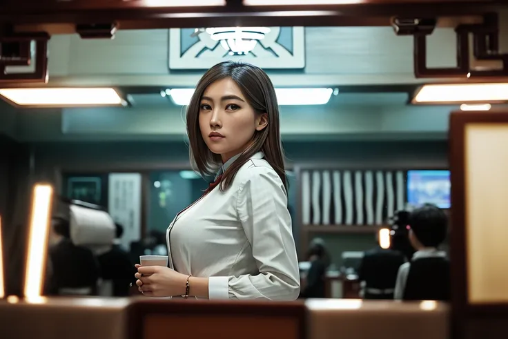 analog style, best quality,a 3d render of a half-body photo of a beautiful office lady,asia lady, brown hair, symmetrical detailed portait, lonely standing in a Chinese restaurant in beijing, look at
viewer, rainy day, cinema lighting focus on her face, good brown eyes, eye contact, path traced, photography, extremely detailed, sharp-focus, insanely photorealistic, 8k.