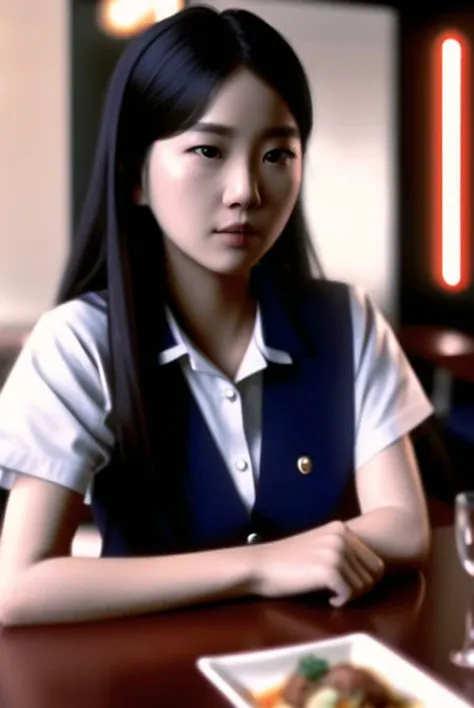 cinema shot, photorealistic, photography, analog style, best quality, a 3d render, korean bistro, waitress, korean girl,