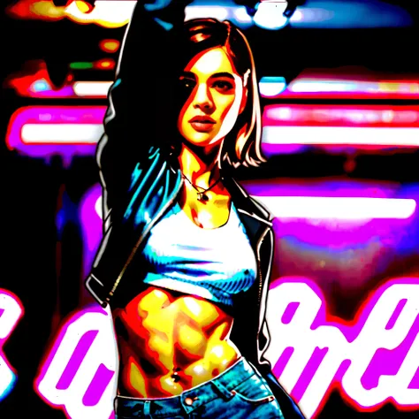 Analog style photorealistic photo, high quality, caucasian woman, slim, cute, slim, hazel eyes, shorts, bare midriff, open short jacket,  long sleeve, high contrast, looking, party, disco, dancing, crowded club, indoor, contrast,  bokeh, cinematic , 4k quality,  leica