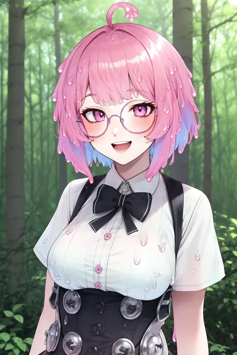 sae, sae (vtuber), (slime girl), (((slime hair))), 1girl, breasts, solo, bow, pink hair, ahoge, glasses, smile, medium-large breasts, black bow, short hair, blush, shirt, open mouth, bowtie, black bowtie, looking at viewer, monster girl, outdoors, forest, trees, short sleeves, collared shirt, pink eyes, round eyewear, suspenders, purple eyes, white shirt, high-waist skirt, ;d, pink hair, multicolored hair, skirt, bangs, <lora:Sae:0.7>, ((detailed background)), ((((mature face)))),