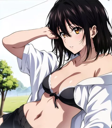 masterpiece, best quality, 1 girl, <lora:HimeragiYukinaStrike_v10:0.8>, himeragi yukina, brown eyes, black hair, hair between eyes, medium hair, medium breasts,