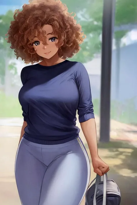 A middle-aged African American woman, with a curvy and toned figure, a dark and smooth skin, and a round face, bright and expressive eyes, thick and curly hair styled in a natural afro, a wide nose, and full lips, friendly expression, round cheeks and a confident appearance, wearing a casual workout outfit, seen at a local park, jogging and listening to music, NSFW sexy provocative, realistic light