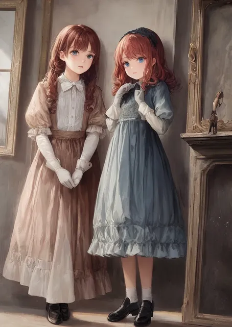 Teen with curly red hair, and blue eyes, has a petite frame and a small nose, small mouth, wearing a 1900 era dress, shoes and gloves, and is looking intently at a display of ancient artifacts in a history museum, SFW, realistic light