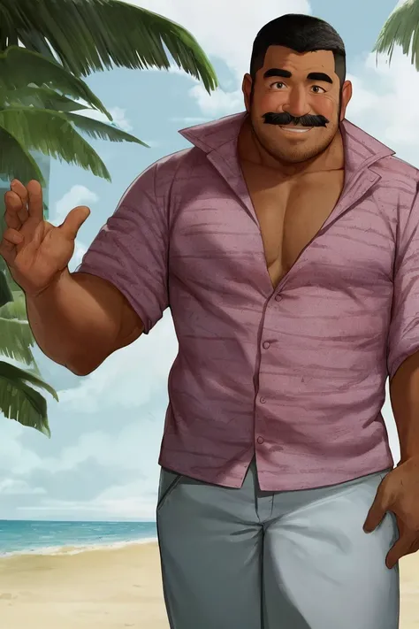 A senior Hispanic man, with a slightly overweight and sturdy figure, a tanned and lined skin, and a round face. Short gray hair styled in a buzz cut, a large nose, and a thick mustache. A friendly expression, chubby cheeks, and a jovial appearance. Wearing a Hawaiian shirt, seen at a beach, fishing., NSFW sexy provocative, realistic light
