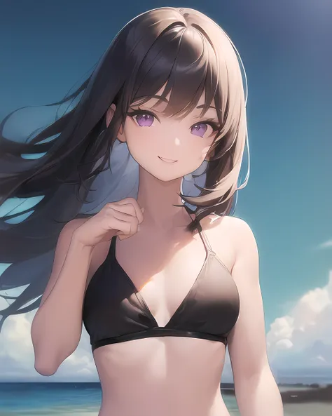 (best ratio 4fingers), (arm + hand + 1thumb + 4fingers), (Five_fingers_each), (Perfect_hands), (extremely detailed hands), (masterpiece:1.6), (best quality:1.5), (best illustration:1.1), ((1girl)), ((solo girl)), ((female solo)), (small head), (upper body:1.4), eyeliner, detailed face, (violet hair:1.0), (long hair:1.0), (purple eyes:1.0), open_mouth, (small mouth), (happy_smile:1.3), (black bikini top only:1.2), (black track shorts:1.2), (beach:1.3), (standing:1.3), (medium breasts:1.1)