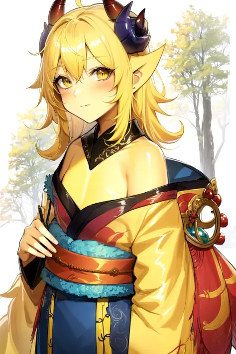 (colored skin, yellow skin:1.2), kimono, forest, skin-covered horns, oni, chest sarashi, looking at viewer, 1girl, solo, <lora:ColoredSkin2-10:0.6>