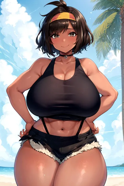 (colored skin, brown skin:1.2), gigantic breasts, smile, bob cut, abs, tank top, short shorts, headband, sweat, wide hips, hands on hips, outdoors, <lora:ColoredSkin2-10:0.6>