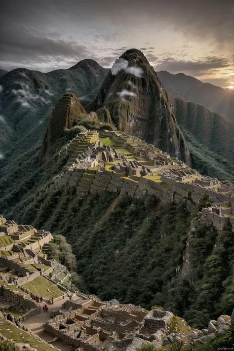landscape, manchupicchu at dawn, epic, fog, temple stone, ornament, ornate, details, forest, dim light, mountain, advntr <lora:ARWManchuPicchu:1>