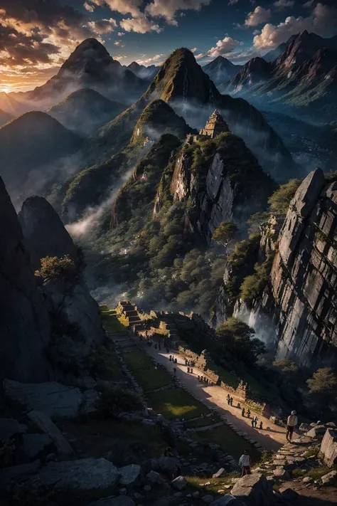 landscape, manchupicchu at dawn, epic, fog, temple stone, ornament, ornate, details, forest, dim light, mountain,  advntr <lora:ARWManchuPicchu:1>