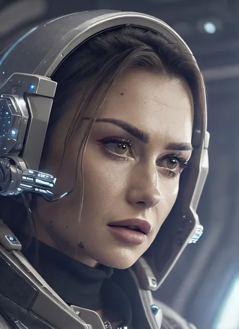 close up photo of sks woman, rugged space trucker, inside industrial spaceship, futuristic science fiction, action scene, digital concept art, realistic, intricate detailed textures, filmic, cinematic, environmental character portrait, <lora:locon_wersow_v1_from_v1_64_32:1.25>